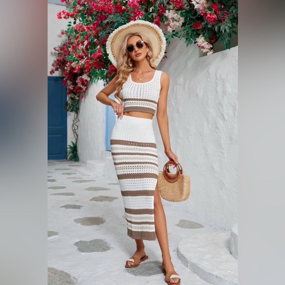 Striped Openwork Cropped Tank and Split Skirt Set - Picture 1 of 16